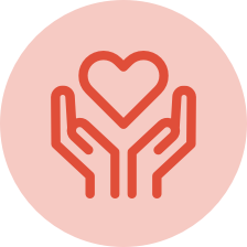 Orange icon of hands holding heart.